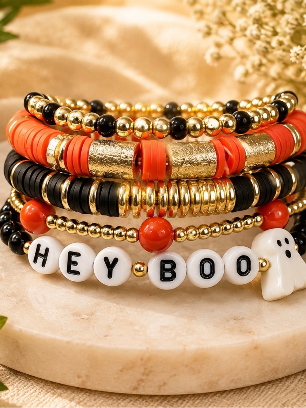 14K Gold Plated Halloween “Hey Boo” Custom Bracelet Stack - Set of 5